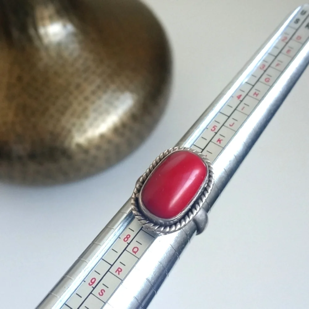 Vintage Red Coral Gemstone 925 Sterling Silver Ring from India Size 7